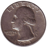 Монета 25 центов. 1973 год, США. Вашингтон. Монета 25 центов. 1973 год, США. Вашингтон.