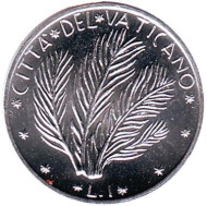 Монета 1 лира. 1977 год, Ватикан. FAO. Растение. Монета 1 лира. 1977 год, Ватикан. FAO. Растение.