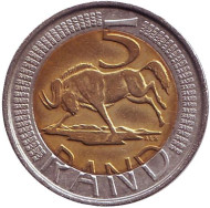 Монета 5 рандов. 2006 год, ЮАР. Антилопа гну. Монета 5 рандов. 2006 год, ЮАР. Антилопа гну.
