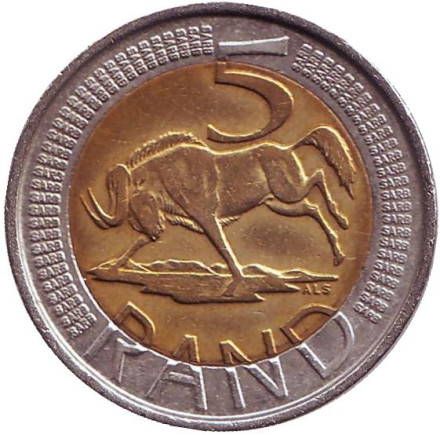 Монета 5 рандов. 2006 год, ЮАР. Антилопа гну.