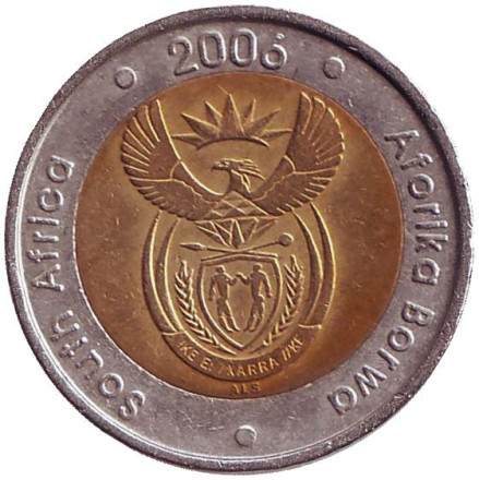 Монета 5 рандов. 2006 год, ЮАР. Антилопа гну.