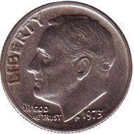Монета 10 центов. 1973 (P) год, США. Рузвельт. Монета 10 центов. 1973 (P) год, США. Рузвельт.