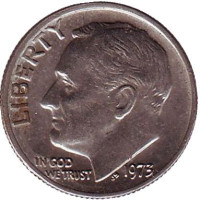 Рузвельт. Монета 10 центов. 1973 (P) год, США.