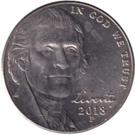 Монета 5 центов. 2018 год (P), США. Монтичелло. Монета 5 центов. 2018 год (P), США. Монтичелло.