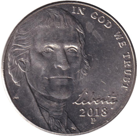 Монета 5 центов. 2018 год (P), США. Монтичелло.