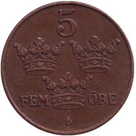 Монета 5 эре. 1942 год, Швеция. (Бронза).