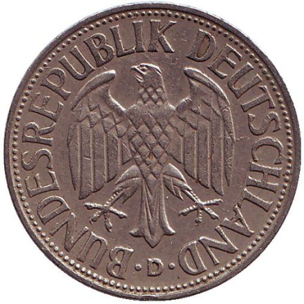 Монета 1 марка. 1957 год (D), ФРГ. Монета 1 марка. 1957 год (D), ФРГ.