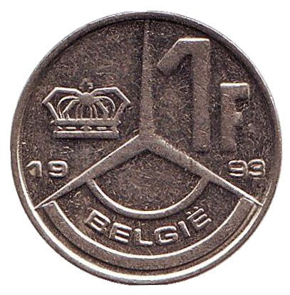Монета 1 франк. 1993 год, Бельгия (Belgie).