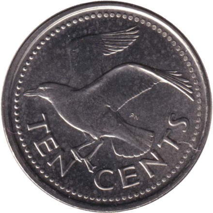 Монета 10 центов. 2009 год, Барбадос. Чайка. Монета 10 центов. 2009 год, Барбадос. Чайка.