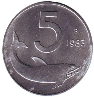 Монета 5 лир. 1983 год, Италия. Дельфин. Судовой руль.