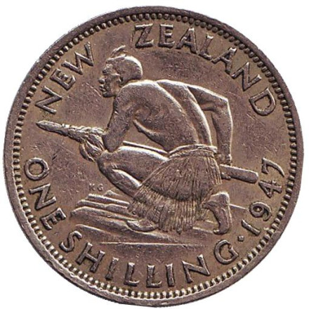 Монета 1 шиллинг. 1947 год, Новая Зеландия. Воин Маори.