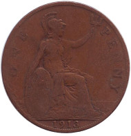 Монета 1 пенни. 1913 год, Великобритания. Монета 1 пенни. 1913 год, Великобритания.