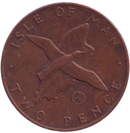 Монета 2 пенса. 1979 год, Остров Мэн. (Отметка "AB") Малый буревестник.
