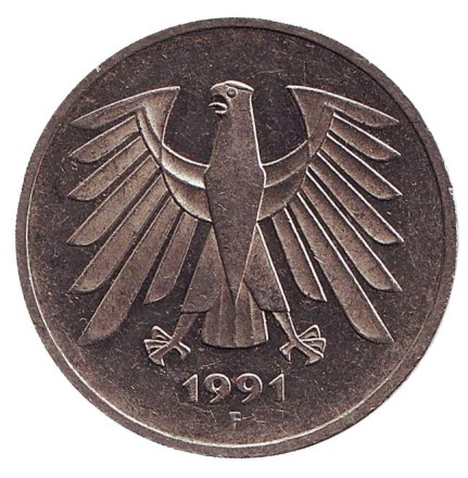 Монета 5 марок. 1991 год (F), ФРГ. Монета 5 марок. 1991 год (F), ФРГ.