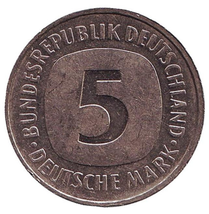 Монета 5 марок. 1991 год (F), ФРГ.