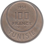 Монета 100 франков. 1950 год, Тунис.  Монета 100 франков. 1950 год, Тунис.
