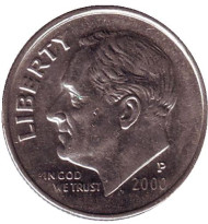 Монета 10 центов. 2000 (P) год, США. Рузвельт. Монета 10 центов. 2000 (P) год, США. Рузвельт.