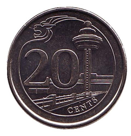 Монета 20 центов. 2017 год, Сингапур. Аэропорт Чанги.