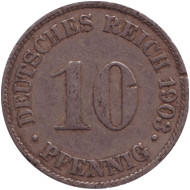 Монета 10 пфеннигов. 1903 год (J), Германская империя. Монета 10 пфеннигов. 1903 год (J), Германская империя.