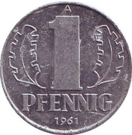 Монета 1 пфенниг. 1961 год, ГДР. Монета 1 пфенниг. 1961 год, ГДР.