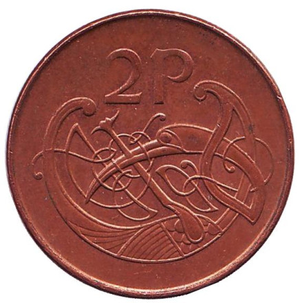Монета 2 пенса. 1996 год, Ирландия. Птица. Ирландская арфа.