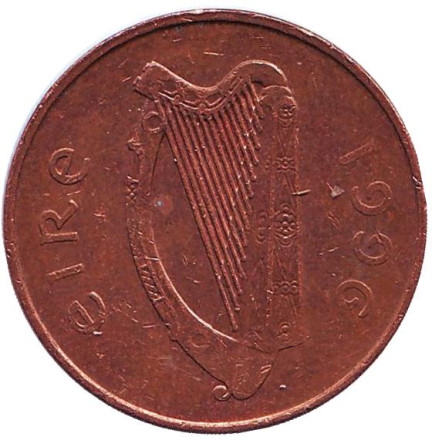 Монета 2 пенса. 1996 год, Ирландия. Птица. Ирландская арфа.