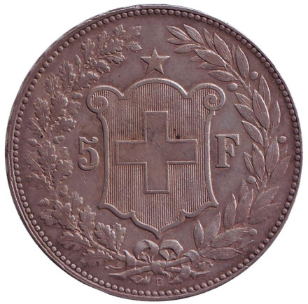 Монета 5 франков. 1890 год, Швейцария.