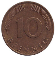 Монета 10 пфеннигов. 1988 год (F), ФРГ. Дубовые листья. Монета 10 пфеннигов. 1988 год (F), ФРГ. Дубовые листья.