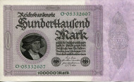 Рейхсбанкнота 100,000 марок. 1923 год, Веймарская республика. Рейхсбанкнота 100,000 марок. 1923 год, Веймарская республика.