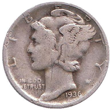 Монета 10 центов. 1936 год, США. Монетный двор D. Меркурий.