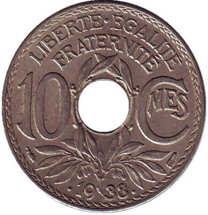 Монета 10 сантимов. 1938 год, Франция. (точки вокруг даты)