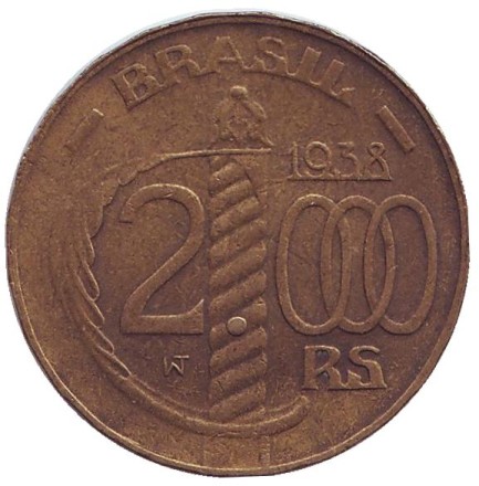 Монета 2000 рейсов. 1938 год, Бразилия. Герцог Кашиас. Рубчатый гурт. Монета 2000 рейсов. 1938 год, Бразилия. Герцог Кашиас. Рубчатый гурт.