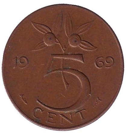 Монета 5 центов. 1969 год, Нидерланды. (рыбка)
