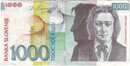 Банкнота 1000 толаров. 2003 год, Словения. Франце Прешерн.