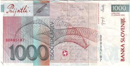 Банкнота 1000 толаров. 2003 год, Словения. Франце Прешерн.