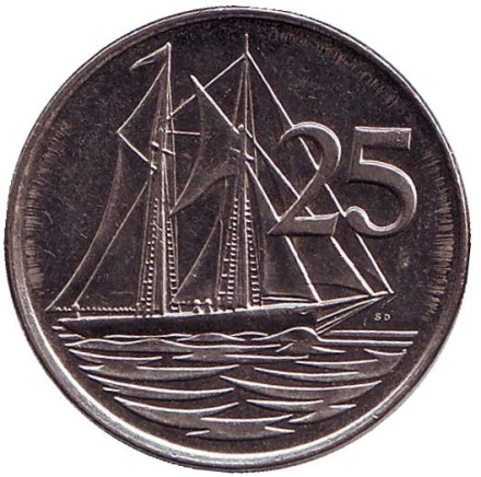 Монета 25 центов. 1996 год, Каймановы острова. Парусник.