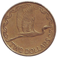 Белая цапля. Монета 2 доллара. 2002 год, Новая Зеландия.