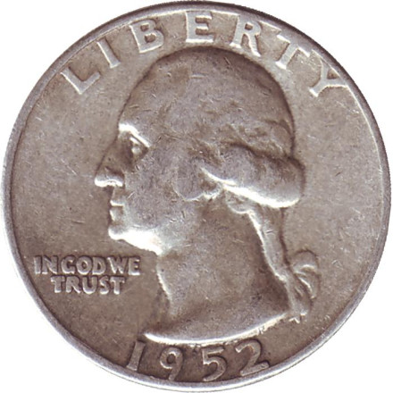 Монета 25 центов. 1952 год, США. (Без отметки монетного двора) Вашингтон.