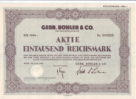 Акционерное общество "Gebr. Bohler & Co". Акция 1000 рейхсмарок. Вена, 1942 год, Третий рейх.