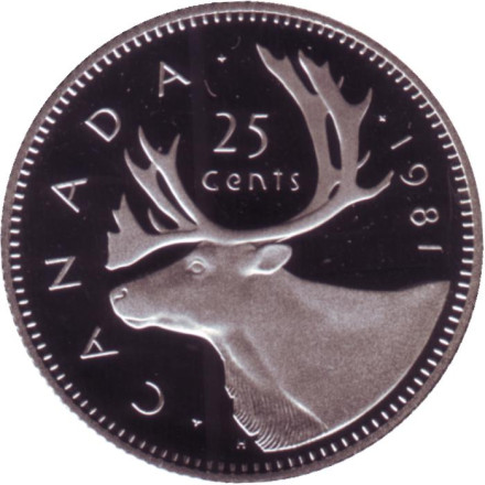 Монета 25 центов. 1981 год, Канада. (Proof). Канадский олень (Карибу).