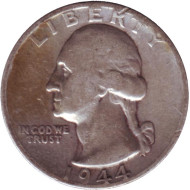 Монета 25 центов. 1944 год, США. (Без отметки монетного двора). Вашингтон. Монета 25 центов. 1944 год, США. (Без отметки монетного двора). Вашингтон.