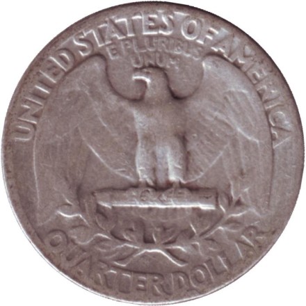 Монета 25 центов. 1944 год, США. (Без отметки монетного двора). Вашингтон. Монета 25 центов. 1944 год, США. (Без отметки монетного двора). Вашингтон.