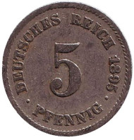 Монета 5 пфеннигов. 1895 год (F), Германская империя. Монета 5 пфеннигов. 1895 год (F), Германская империя.