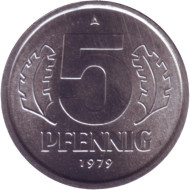 Монета 5 пфеннигов. 1979 год, ГДР. UNC. Монета 5 пфеннигов. 1979 год, ГДР. UNC.