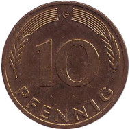 Монета 10 пфеннигов. 1983 год (G), ФРГ. Дубовые листья. Монета 10 пфеннигов. 1983 год (G), ФРГ. Дубовые листья.