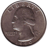 Монета 25 центов. 1990 (P) год, США. Вашингтон. Монета 25 центов. 1990 (P) год, США. Вашингтон.