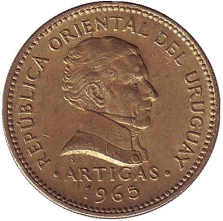 Монета 1 песо. 1965 год, Уругвай. Из обращения. Хосе Артигас. Монета 1 песо. 1965 год, Уругвай. Из обращения. Хосе Артигас.