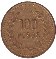 Монета 100 песо. 1993 год, Колумбия. Монета 100 песо. 1993 год, Колумбия.