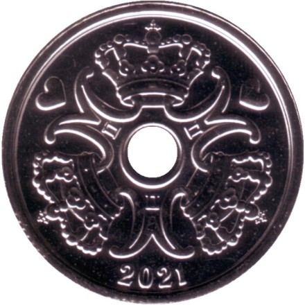 Монета 2 кроны. 2021 год, Дания. Монета 2 кроны. 2021 год, Дания.