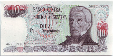 Банкнота 10 песо. 1983-1984 гг., Аргентина. Тип 1.